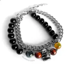 WATTACA - Pulsera Doble para hombre Piedra Obsidiana Acero Inox Ajustable