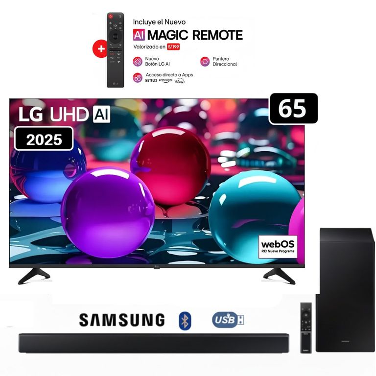 Televisor 65" Ultra HD 4K AI ThinQ 65UA7300PSB + Magic Remote + Sounbar Samsung HW-B450F 2025