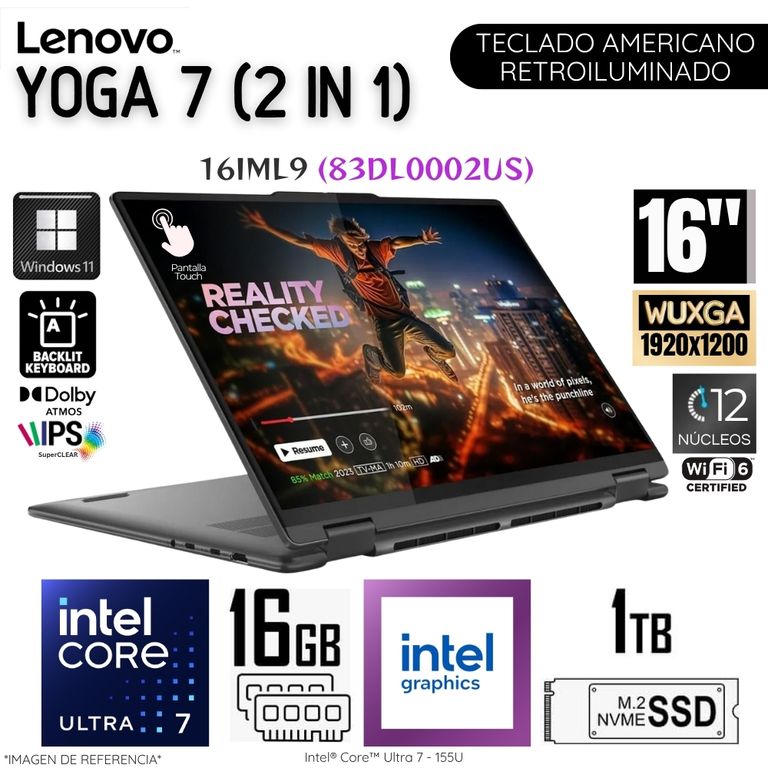 Laptop Yoga 7 2 en 1 Intel Core Ultra 7 155U 16 GB DDR5 RAM 1TB SSD 16" WUXGA TouchScreen