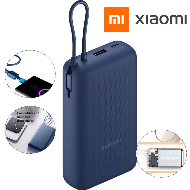 Power Bank 20000mAh 33W con Cable Integrado Azul