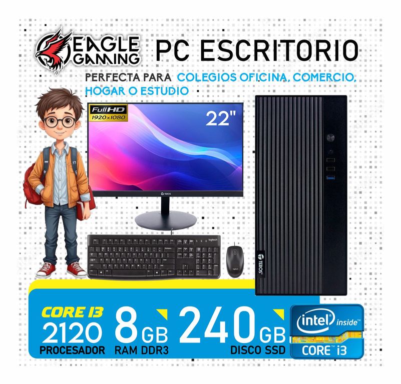 Computadora pc core i3 2120 monitor 22 ram 8gb ssd solido 240 gb