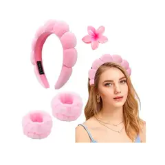 GENERICO - KIT VINCHA SKINCARE + MUÑEQUERAS SKINCARE+GANCHO DE REGALO ROSADO