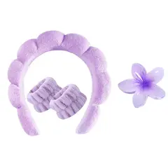 GENERICO - KIT VINCHA SKINCARE + MUÑEQUERAS SKINCARE+GANCHO DE REGALO LILA