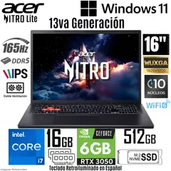 ACER - Laptop Nitro Lite NL16-71G-74QL Intel Core i7-13620H 16GB RAM 512GB SSD RTX 3050-6GB 16" WUXGA