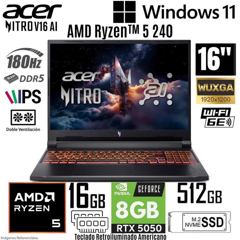 Laptop Nitro V16 AI ANV16-42-R309 AMD Ryzen 5 240 16GB RAM 512GB SSD RTX 5050-8GB 16" WUXGA