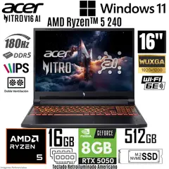 ACER - Laptop Nitro V16 AI ANV16-42-R309 AMD Ryzen 5 240 16GB RAM 512GB SSD RTX 5050-8GB 16" WUXGA