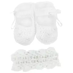 BABY MERINOS - Set Zapatitos y vincha - Hilo Algodón- Blanco