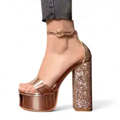 GENERICO - Sandalia Mujer Taco 15 Clasico Piedras 2086L-75 Color Dorado