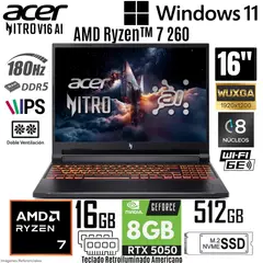 ACER - Laptop Nitro V16 AI ANV16-42-R96P AMD Ryzen 7 260 16GB RAM 512GB SSD RTX 5050-8GB 16" WUXGA