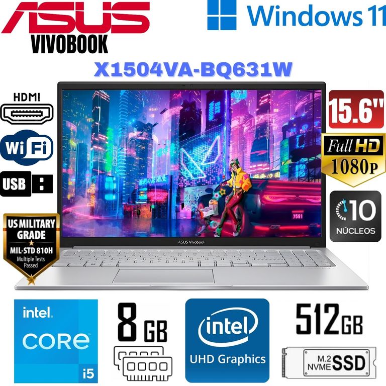 Laptop Vivobook X1504VA-BQ631W 15.6" Intel Core 5 120U 512GB 8GB Windows 11 Home