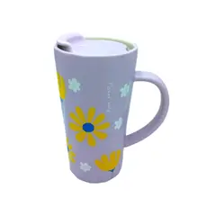 GENERICO - Taza de Cerámica Grande con Diseño de Flores y Tapa Color Lila