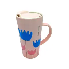 GENERICO - Taza de Cerámica Grande con Diseño de Flores y Tapa Color Rosa