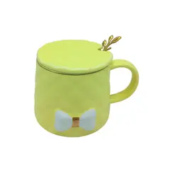 GENERICO - Taza Cerámica 350 ml con Moño, Tapa y Cuchara- Color Amarillo