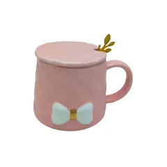 GENERICO - Taza Cerámica 350 ml con Moño, Tapa y Cuchara- Color Rosa