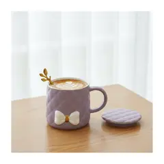 GENERICO - Taza Cerámica 350 ml con Moño, Tapa y Cuchara- Color Lila