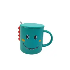 GENERICO - Taza de Cerámica Infantil Dinosaurio con Tapa y Cuchara Color Verde