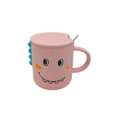 GENERICO - Taza de Cerámica Infantil Dinosaurio con Tapa y Cuchara Color Rosa