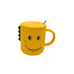 GENERICO - Taza de Cerámica Infantil Dinosaurio con Tapa y Cuchara Color Amarillo