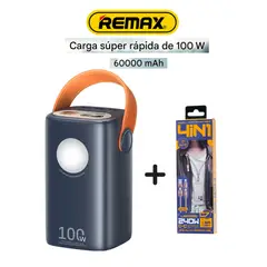 REMAX - Power Bank 60000mAh 100W Carga Rapida Laptop Celular + CABLE 240W, 4 EN 1, ALEACION DE ZINC