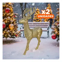 GENERICO - Pack2 Decoración Festiva Reno Dorado Escarchado Brillante 46x30cm Y+Regalo Sticker