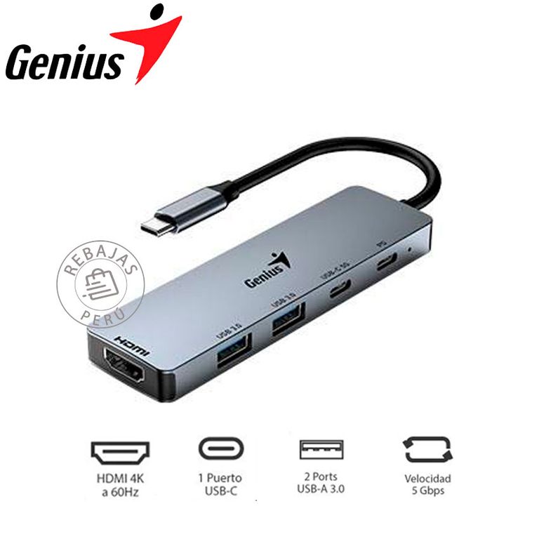 Hub USB-C UH-500 4K HDMI 100W PD 5 Puertos Multifuncion Gris XL