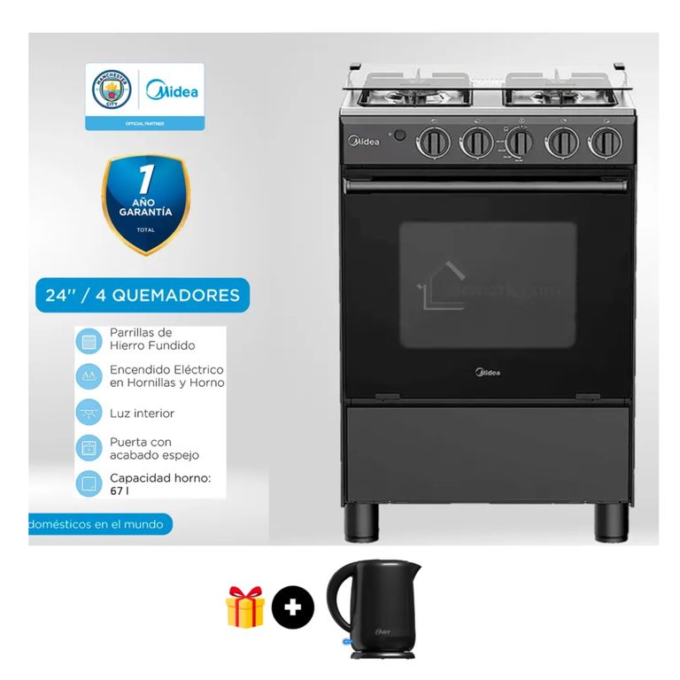 Cocina a Gas 24" 4 Quemadores Negra MGS24FS2LFABBC + Hervidor