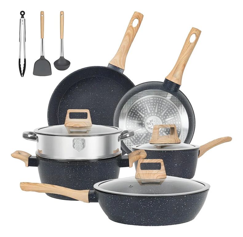 12 Piezas Bateria De Cocina Juego De Sartenes Antiadherentes Negro