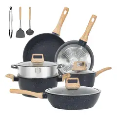 EVERSO - 12 Piezas Bateria De Cocina Juego De Sartenes Antiadherentes Negro