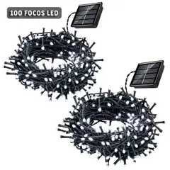 GENERICO - Tira de Luces LED Navideñas 100 Focos de 10 metros Color Blanco con Panel Solar - 2 UND