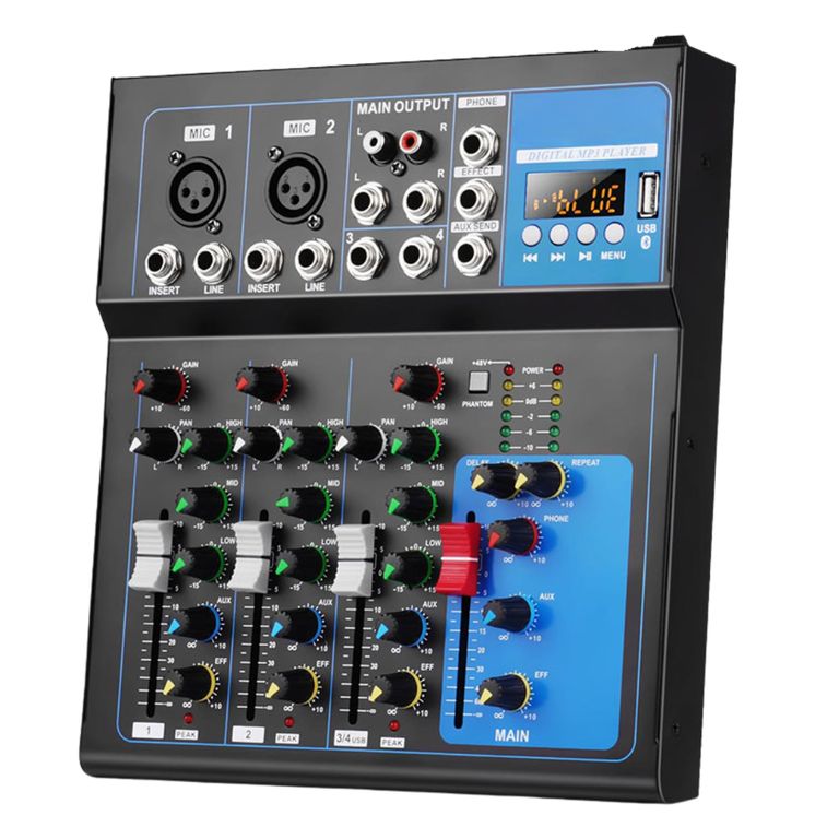 Mezclador de Audio Consola de Sonido de 4 Canales con Bluetooth y Alimentación Phantom 48V