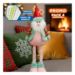 GENERICO - Pack4 Figura Patilarga de Santa Claus de Tela para el Cuarto del Nino o Nina Y+Papel Regalo