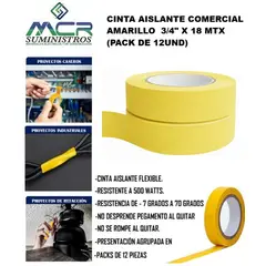 GENERICO - CINTA AISLANTE COMERCIAL AMARILLO 3/4" X 18 MTS (PACK DE 12 UNIDADES).