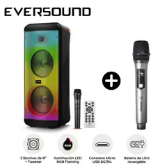 EVERSOUND - Torre de Sonido EV 5008WL 02 Bocinas 8" + Micrófono Inalámbrico Euphoria