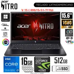 ACER - Laptop Gamer Nitro V15 ANV15-51-711U Intel Corei7-13°Gen 15.6" FHD 16GB RAM 512GB SSD RTX4050