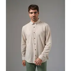 MBO - Camisa Hombre Manga Larga Casual Look Lino Rayas Cuello Bd Classic Fit Beige Rayas