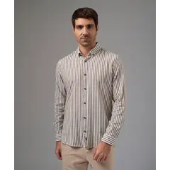 MBO - Camisa Hombre Manga Larga Casual Look Lino Rayas Cuello Bd Classic Fit Marron Rayas