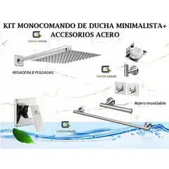 GREEN HOUSE - KIT MONOCOMANDO DE DUCHA 8 PULGADAS ACERO CROMADO + ACCESORIOS ACERO