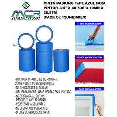 GENERICO - CINTA MASKING TAPE AZUL PARA PINTOR 3/4'' X 40 YDS O 19MM X 36,57M (PACK DE 12UND).