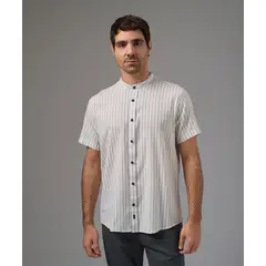 MBO - Camisa Hombre Manga Corta Casual Look Lino Cuello Neru Classic Fit Azul A Rayas