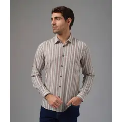 MBO - Camisa Hombre Manga Larga Look Lino Cuello Spread Slim Fit Guinda A Rayas