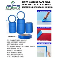 GENERICO - CINTA MASKING TAPE AZUL PARA PINTOR 1'' X 40 YDS O 25MM X 36,57M (PACK DE 12UND).