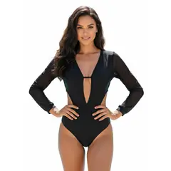 SM - ROPA DE BAÑO ENTERA CON MANGAS TALLA XS NEGRO