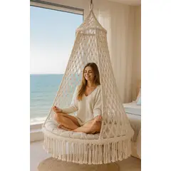 GENERICO - SILLA COLGANTE COLUMPIO HAMACA GRANDE PREMIUM TEJIDA CON ACCESORIOS PARA COLGAR TERRAZA JARDÍN HOGAR BEIGE