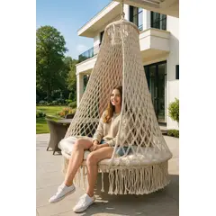 GENERICO - SILLA COLGANTE COLUMPIO HAMACA TEJIDA Y ACCESORIOS COMPLETOS PARA COLGAR TERRAZA JARDÍN HOGAR CREMA