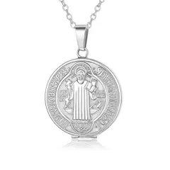 GENERICO - Collar Relicario Portafoto San Benito Acero Inoxidable Plateado Mujer