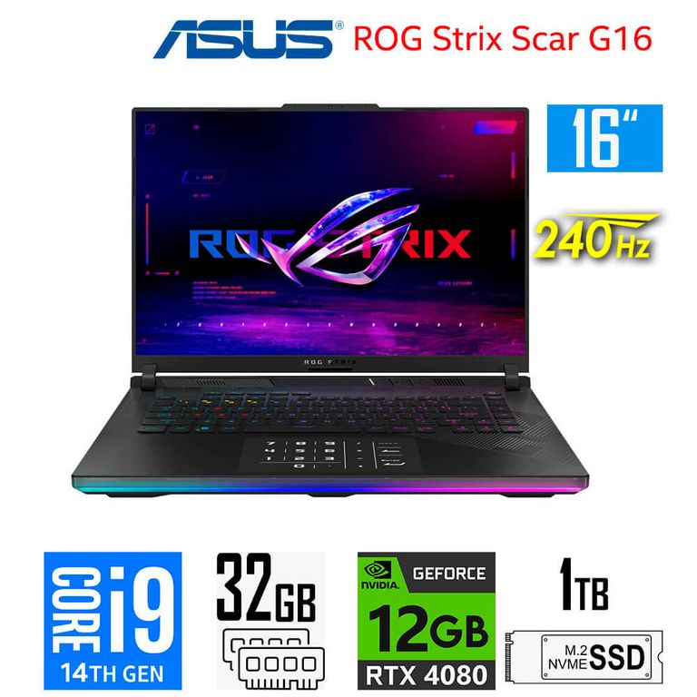 Laptop ROG Strix Scar 16 Core i9-14900HX 12GB RTX4080 RAM 32GB SSD 1TB 16″ WQXGA 240Hz