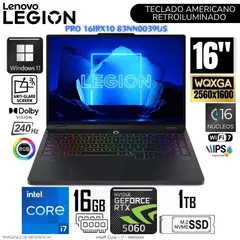 LENOVO - Laptop Legion PRO 16IRX10 Intel Corei7-14650HX 16GB RAM 1TB SSD 16" WQXGA RTX5060-8GB WIN11