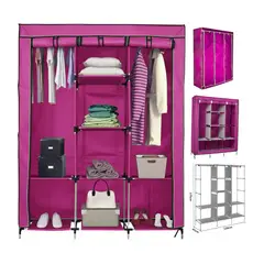 GENERICO - Ropero de Tela Reforzado Armable Portátil 3 Cuerpos y 8 Divisiones - 130x45x175 cm Rosado