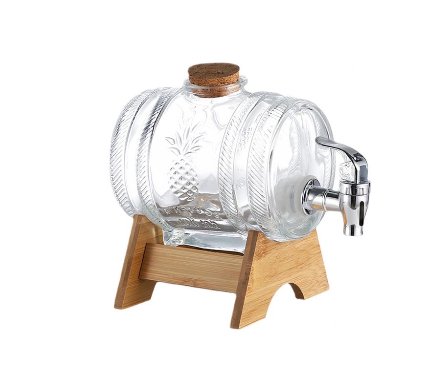 Dispensador de barril de vidrio para almacenamiento de bebidas de vino cerveza con soporte de madera