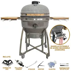 HIGRILL - Kamado 26 Pulgadas Gris Con Puntos Blancos Brillante Premium Con Cenicero Y Herramientas